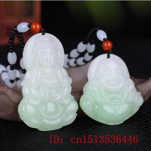 White Green Jade Guanyin Buddha Pendant Necklace Natural Jewelry Carved Amulet Jadeite Gifts Chinese Fashion Woman Sweater Chain