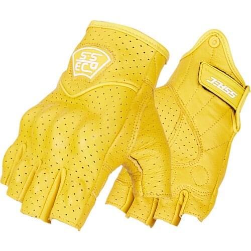 Yellow Moto Gloves Genuine Leather Motorcycle Gloves Summer Retro Motocross Motorbike Half Finger Gloves Vintage Riding Biker