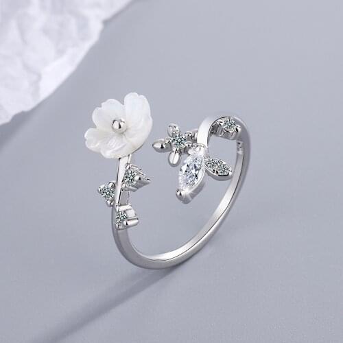 White Zircon Cherry Blossom Branches Shell Flower 925 Sterling Silver Open Ring Adjustable Exquisite Jewelry for Festivals Party