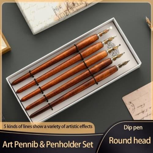 5 Pcs Literary Retro Wooden Ink Pen 5 Nibs Set Antique Dip Calligraphy Writing Pen Office Stationery Writing Tools