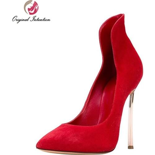 Original Intention Fashion Women Pumps Flock Shoes Woman High Heels Sexy Pointed Toe Thin Heels Ladies Elegant Red Shoes Size15