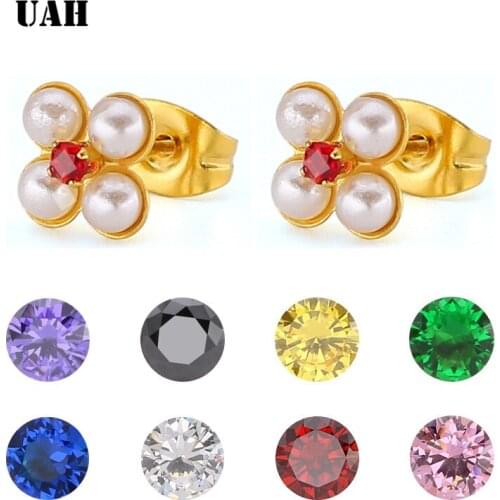 UAH Jewelry New Design Gold Color Pearl Stud Earrings Red Blue Green Pink Yellow Purple Zirconia For Women 2019 New Wholesale