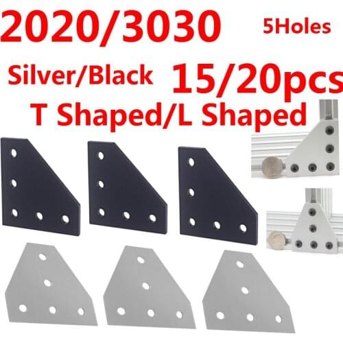 2020/3030 3D Printer T Shaped/L Shaped Silver/Black Aluminium Angle Connection Joint Corner Joining Plate 5Holes 15/20pcs