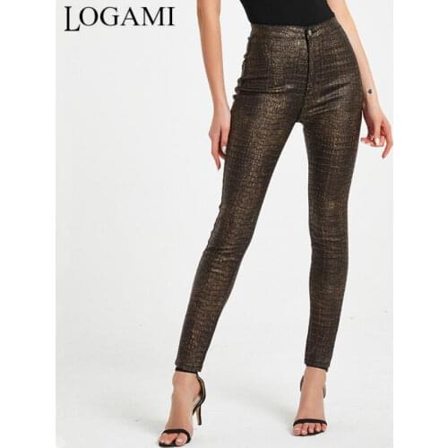 LOGAMI High Waist Crocodile Pattern Pu Pants Women Sexy Pencil Pants Womens Faux Leather Trousers 2xl