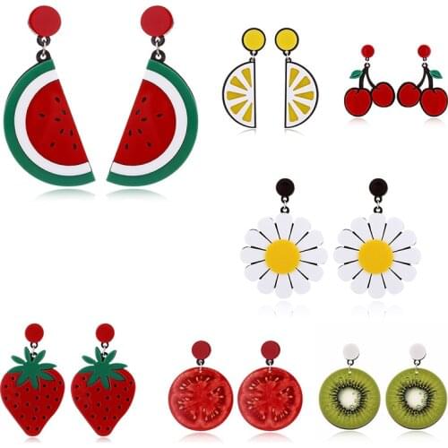2020 Summer Cute Fruit Strawberry Watermelon Cherry Drop Dangle Earrings for Women Flower Long Statement Earrings Party Jewelry