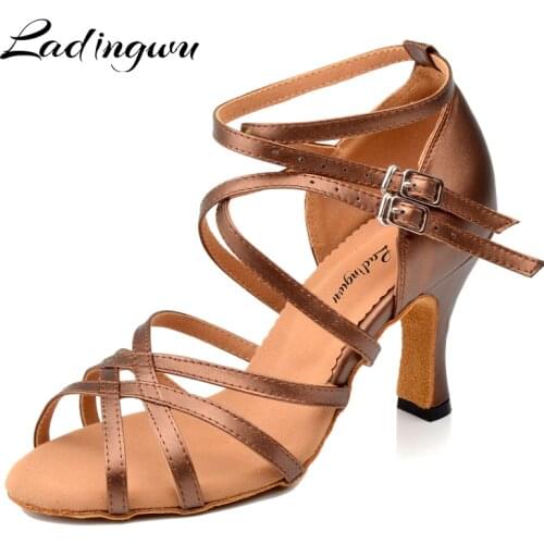 Ladingwu Artificial Leather Dance Shoes Latin Woman Ballroom Shoes Dancing Ladies Brown Soft Bottom Dance Sandals scarpe donna