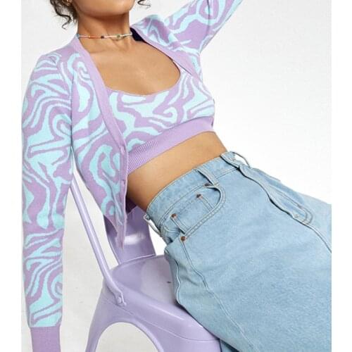 Swirl Print Cardigan Casual Fashion Knitted Long Sleeve Button Cardigans Spring Autumn 2021 V Neck Loose Y2k Women Cardigan