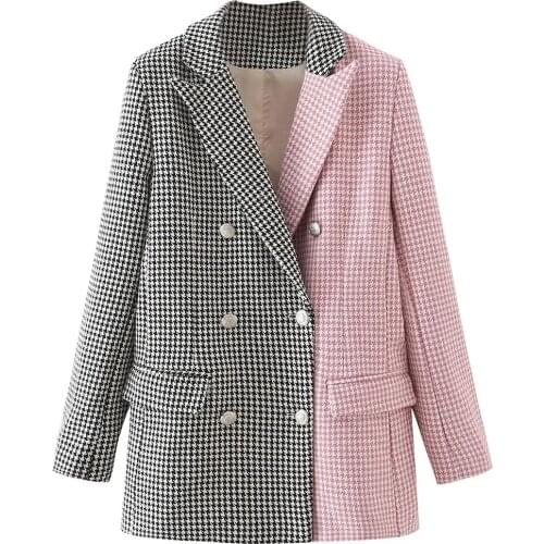 2021 autumn Women Plaid Blazer grid Coat Double Breasted jacket Female tweed Outerwear Chic Patchwork Houndstooth Suits Femme