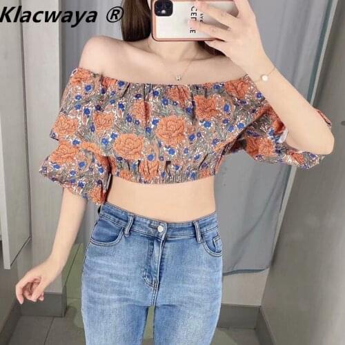 Klacwaya Za Woman 2021 Vintage Floral Print Off Shoulder Crop Top Women Fashion Elastic Ruffle Short Puff Sleeve Summer Blouses