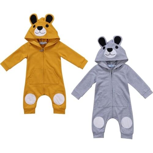 2020 New Fall Autumn 0-24M Infant Baby Boys Girls Cute 3D Bear Hooded Long Sleeve Bodysuit Costume Zipper Front Pockets Jumpsuit