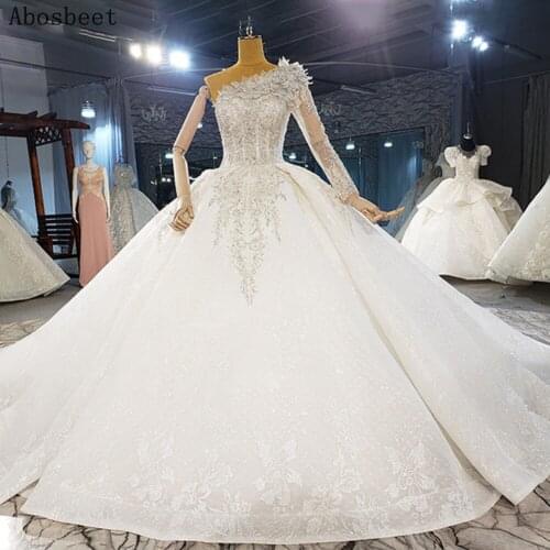 2021 One Shoulder Wedding Dress Fashion Robe Mariee Lace Ball Wedding Gown Shiny Dress Top Beads 200CM Cathedral Train