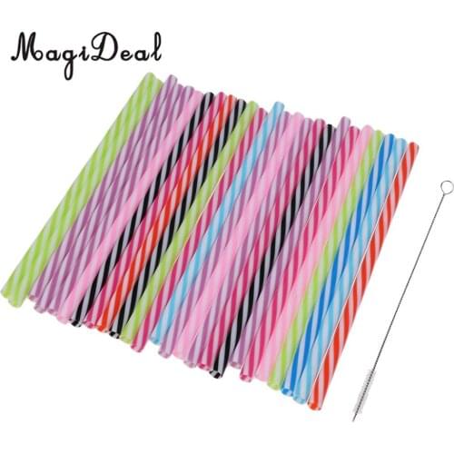 25 Pieces Colorful Reusable Hard Plastic Stripe Jar Straws with Cleaning Brush Home Dinner Banquet Party Tableware