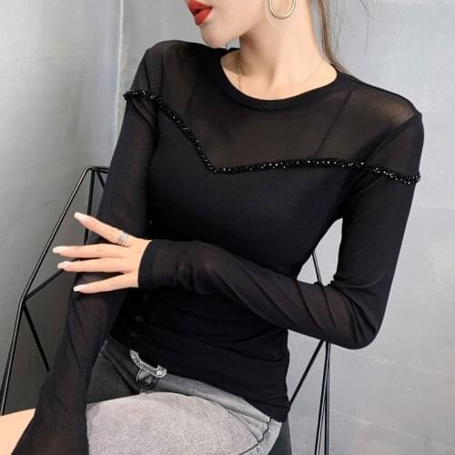#5589 Black Grey Basic Mesh T Shirt Women O Neck Sexy Stretch See Through Tops Long Sleeve Sexy Slim Tight T Shirt For Girl