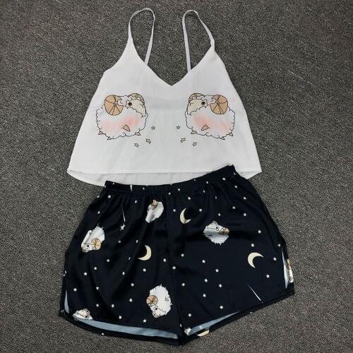 Satin Pajamas Home Clothes Fox Cartoon Print Lovely Sleepwear Set 2020 Summer Pijamas Women Sexy Silk Pyjamas Home Suit