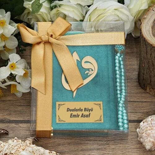 Velvet Covered Quran (Pocket Size) Plexiglass, Pearl Rosary, Acetate Boxed Mevlid Package-Turquoise Box FREE SHİPPİNG
