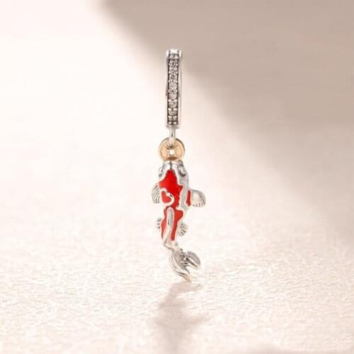 Free Shipping Authentic 925 Sterling Silver Good Fortune Carp Hanging Charms Fit Original Bracelet For Women DIY Jewelry