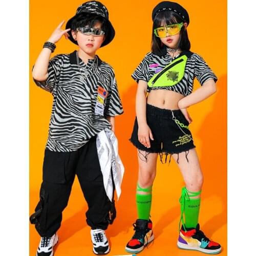 Kids Ballroom Hip Hop Dance Clothes Zebra Pattern Loose Short Sleeved Cargo Pants Suit Jazz Dance Costumes Rave Clothes DQS7638