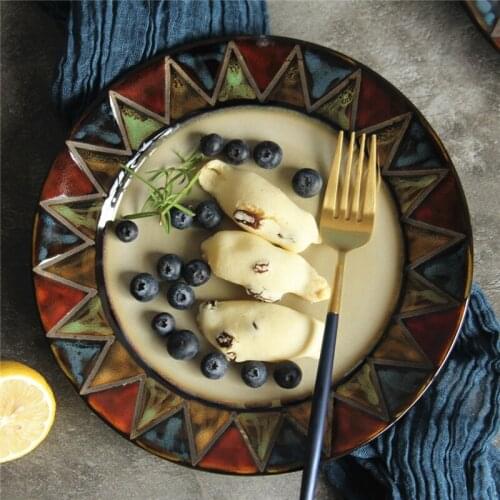 EECAMAIL American-style Creative Hand-painted Geometric Retro Patterns Western Plate Steak Plate Dessert Plate Underglaz Color