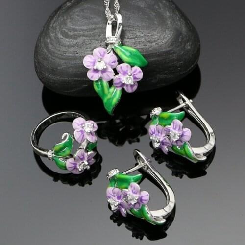 Purple Enamel Flower 925 Silver Jewelry Set Stud Earrings Ring Pendant Necklace Jewellery For Women Engagement