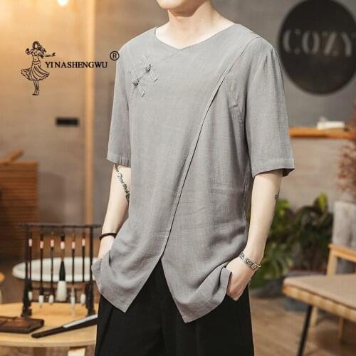 Japan Style Kimono Solid T-shirts Summer Japanese Men Irregular Split Harajuku Buckle Top Asian Yukata Haori Cardigan Costumes