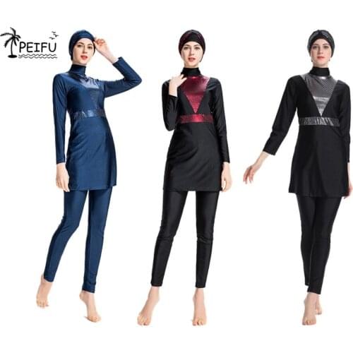 PEIFU Swimsuit 2020 New Burkini Long Sleeve Swim Beach Surf Wear Sport Burkinis Islamic Swimwear Patchwork Color Hijab Muslim