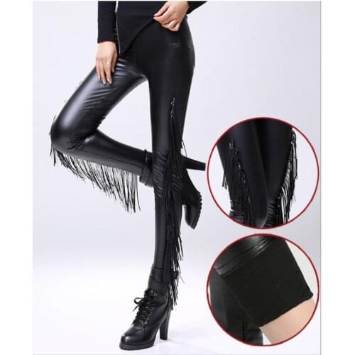 2019 new Korean fashion Womens clothing tassel PU imitation leather pants Thickened leggings for autumn and winter