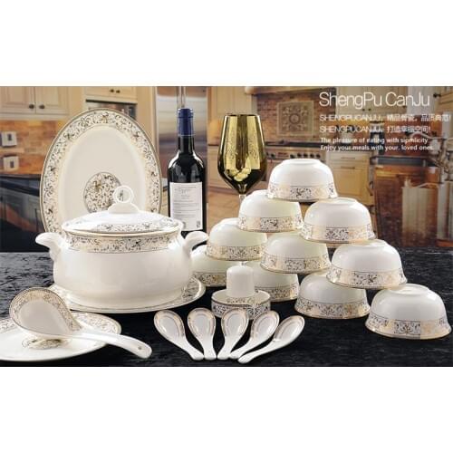 46-piece set, royal gold ware designed, fine bone china dinnerware sets, chinese crockery set plates, porcelain dinnerware