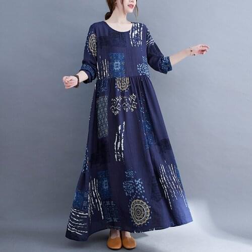 Autumn New Women Dresses Fashion Elegant Office Ladies Loose Abstract Patternprinted O-Neck Long Sleeve Blue Pullover Vestidos