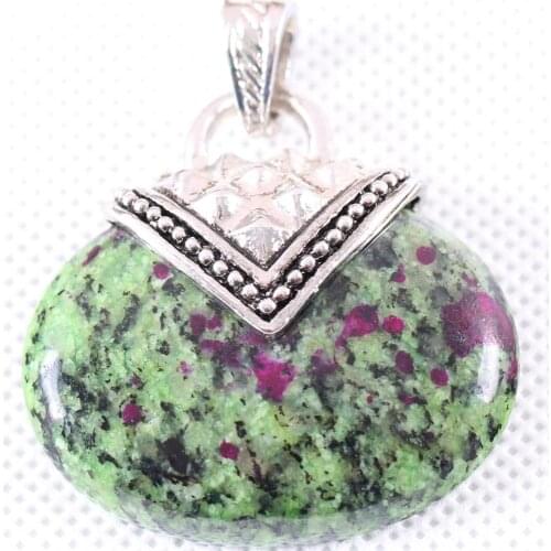 Necklace Pendant 40x40MM Oval CAB Cabochon Natural Green Red Zoisite Stone Bead Jewelry Gift K1147