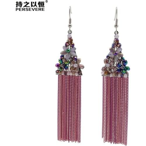 Persevere Crystal Beaded Flower Shape Purple Long Chain Dangle Drop Tassel Earrings For Women Handmade Boho Jewelry