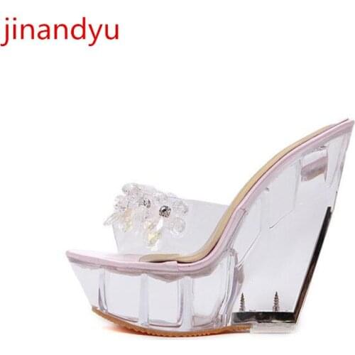 14/10cm High Heels Women Slippers Wedge Sandals Platform Shoes New Crystal Womens Transparent Shoes Wedges Heel Woman Slipers