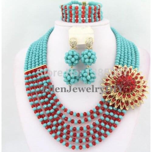 African Nigerian style Wedding Crystal Beads jewelry set Wedding bridal Bracelet Earrings necklace Jewelry set W5985