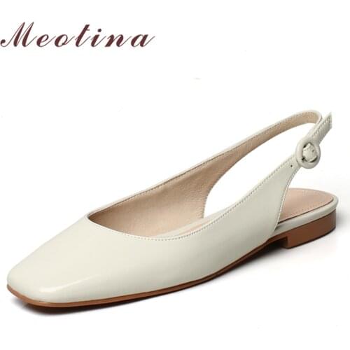 Meotina Genuine Leather Women Slingback Shoes Patent Leather Square Toe Flat Shoes Buckle Causal Ladies Footwear Autumn Beige
