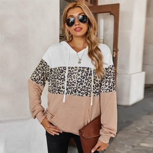 Spring Lady Panelled Leopard Print Hooded Sweatshirt Women Clothing Fashion Casual Pullover Womens All-match Street Style Tops