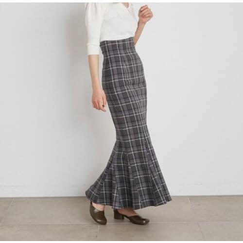 Vintage High Waist Plaid Trumpet Long Skirts Japan Style Elegant Bodycon Mermaid Faldas 2021 Autumn New All-match Jupe Female