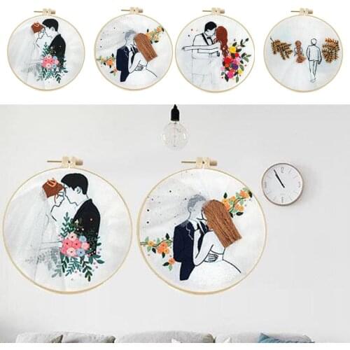 Embroidery Starter Kit | Cartoon Wedding Pattern Embroidery Beginners Kit, with Needle and 8'' Hoop Craft Gift Valentines Day