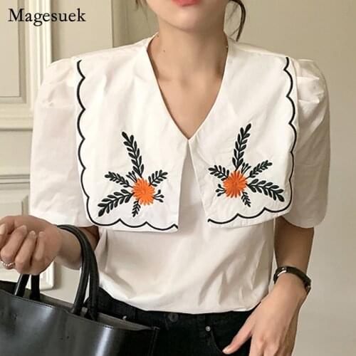 Korean Style Embroidered Flower Blouse Women Chic Navy Collar Short Sleeve Top Summer Loose Casual Lapel All-match Shirt 15156