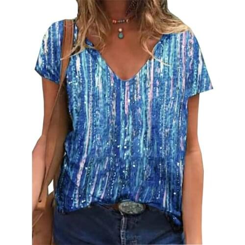 2021 Ladies Plus Size T-shirt Women Loose V-neck Gradient Printing Casual Top Oversize Summer Short Sleeve T Shirt Woman Clothes