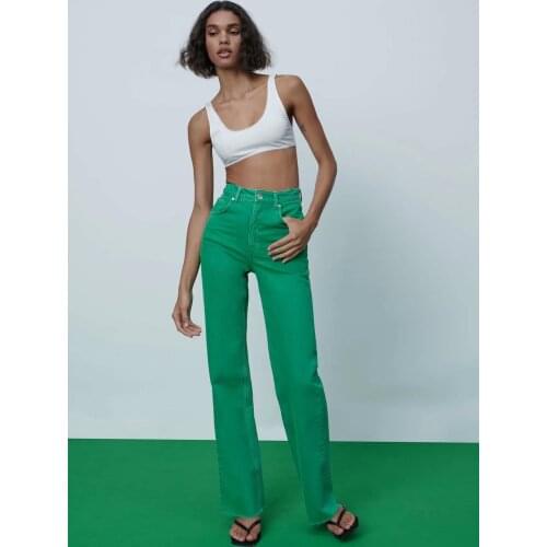 Za summer fashion womens multicolor jeans pocket green wide leg jeans Retro High Waist zipper wide leg loose womens jeans