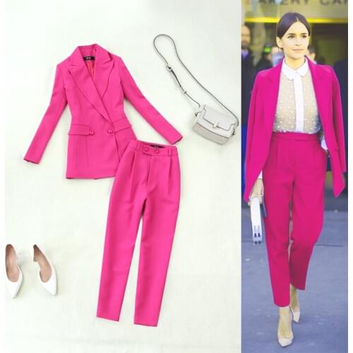 Autumn large size womens spring and summer new rose red waist double-breasted suit jacket + nine pants suit OLcareer women Slim