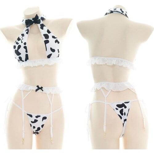 Lolita Maid Bowknot Halter Bikini Swimsuit Anime Girls Cow Cosplay Swimwear Sexy Womens Bra and Panty Set Homewear Drop Ship