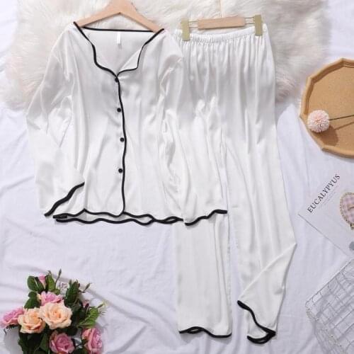 Spring Autumn Women Pajamas Set Long Sleeve 2PCS Sleepwear White Silky Shirt&Pants Femme Pijamas Suit Casual Loungewear