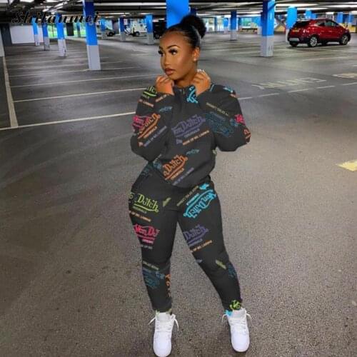Winter Tracksuits Sets Sporty Casual Two Piece Set Letter Print Sportwear Jogger Zip Sweatshirt Top+Sweatpants Women Sweat Suit