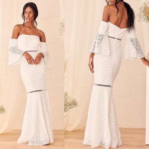 RMSFE 2021 Women Short Sleeved Off Shoulder White Split Sexy Wedding Hip Wrap Skirt Middle Waist Lace Evening Dress
