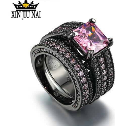 2/pcs Set Pink Square Crystal Luxury Ring Set Black Gold Color Cocktail Party Rings For Man/Women Punk Series Fantasy Pink Ring