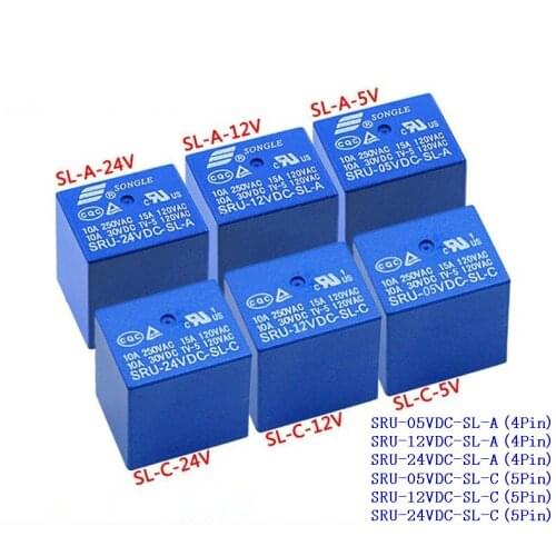 5pcs/Lot SONGLE Power Relay SRU-05VDC-SL-A / SRU-12VDC-SL-A / SRU-24VDC-SL-A 4Pin 5V 12V 24V 15A T70
