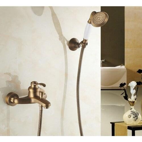 Antique Brass Wall Mounted Bathroom Single Handle Bathtub Faucet Tap Hand Held Shower set With Wall bracket &1.5m Hose atf302