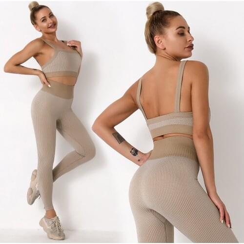 Ribbed Seamless tights Gym Clothes High Waist leggings Running Shockproof Workout Clothes Bra+Gather Trousers suit Active Wear