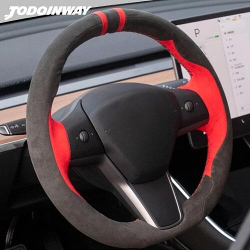 For Tesla Model 3 Hand-stitched Black&Red AlcantaraPerforated Auto Steering Wheel Covers Car Handlebar Case Interior Moldings