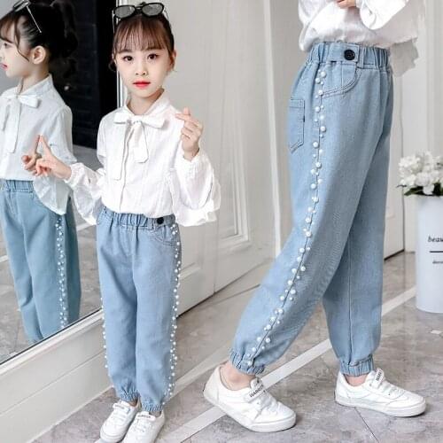 Kids Jeans With Pearls Loose Style Children Jeans Girls Baby Wide leg Tie feet Trousers Teenager Causal all-match denim pants